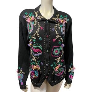 Cove Creek Black Christmas Ornament Cardigan Beaded Size XL